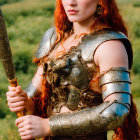 Red-haired woman in silver armor wields sword against green landscape