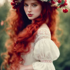 Portrait of woman with flowing red hair and floral wreath in ornate dress against warm backdrop