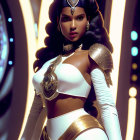 Futuristic woman in white armor with blaster in bright corridor