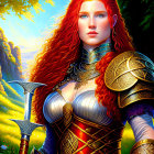 Vibrant artwork of woman in golden armor with axe in scenic landscape
