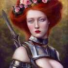 Vibrant red-haired woman in blue and silver armor with pink flowers.