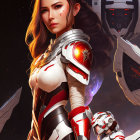 Digital Artwork: Red-Haired Woman in Futuristic Armor in Space