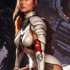 Female warrior in futuristic armor with space station backdrop