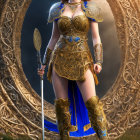 Striking blue-eyed woman in golden armor with blue gemstones