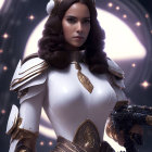 Futuristic woman in white and black armor suit with blaster and wavy brown hair