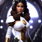 Sci-fi character in futuristic white armor with distinct hairstyle in space-themed setting