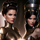 Two women in black and gold futuristic regal costumes with headdresses.