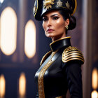 Futuristic military-style uniform with gold accents and embellished cap portrait