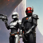 Futuristic warriors in black and orange armor with mythical creature in background
