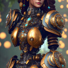 Digital artwork: Elven character with red hair, pointy ears, and ornate armor in forest