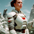 Futuristic armored person with determined expression outdoors
