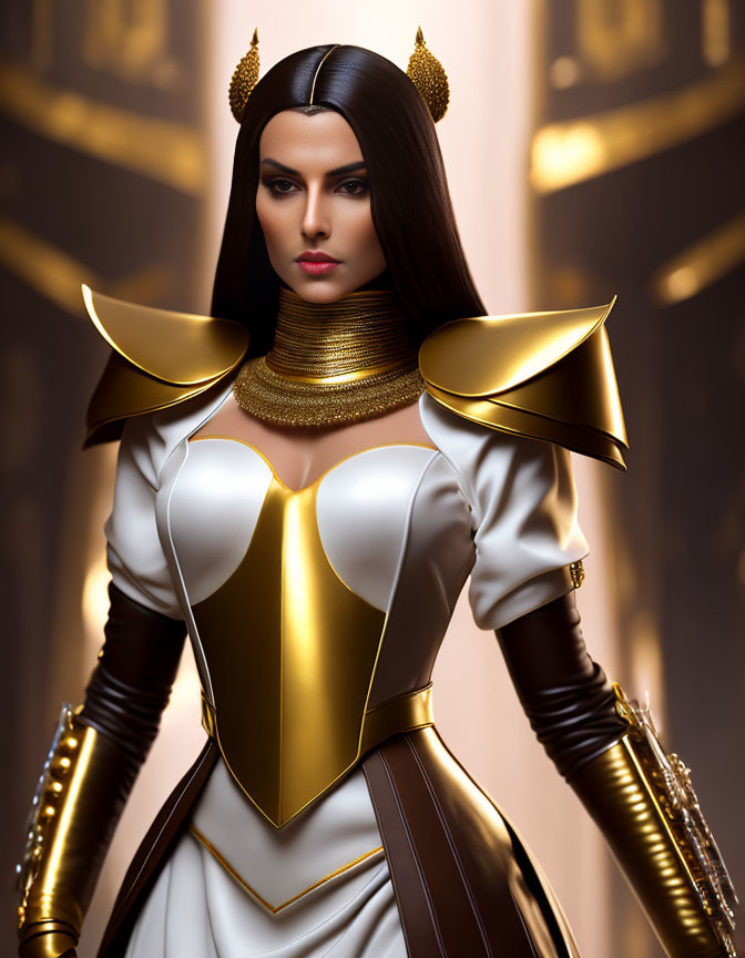 Regal woman in fantasy golden and white armor with horned headpiece