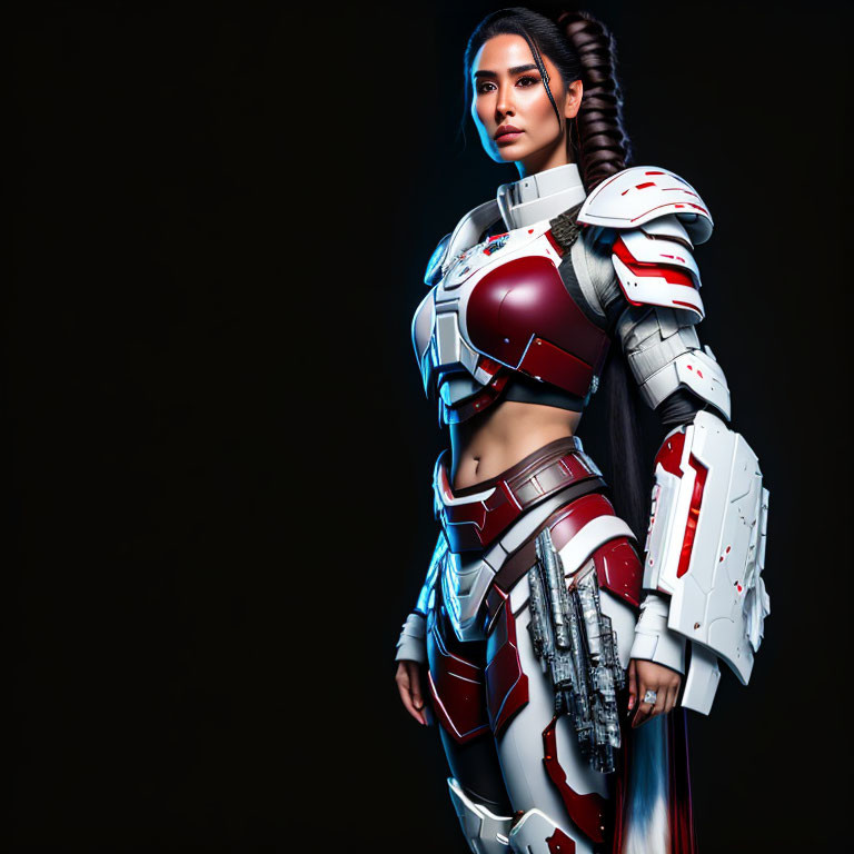 Futuristic woman in red and white armor with braided hairstyle