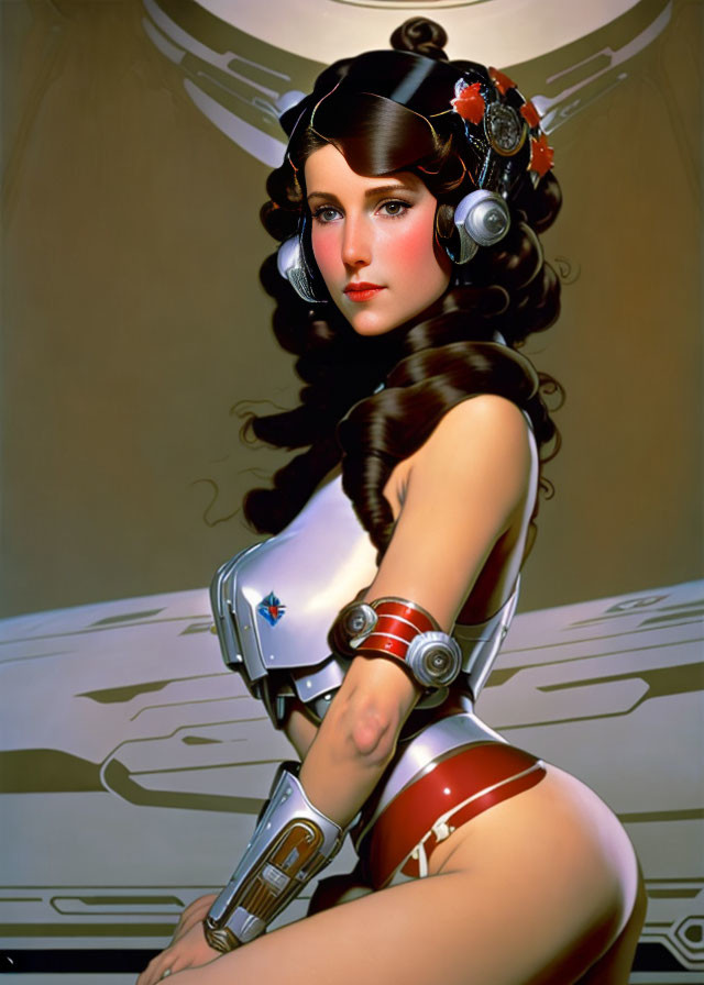 Digital artwork: Woman with retro-futuristic design, mechanical body, vintage hairstyle.