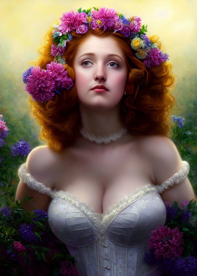 Red-haired woman in corset and floral crown against flower-filled backdrop