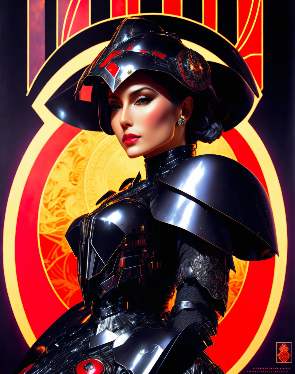 Stylized portrait of person in black armor with red accents on emblematic background