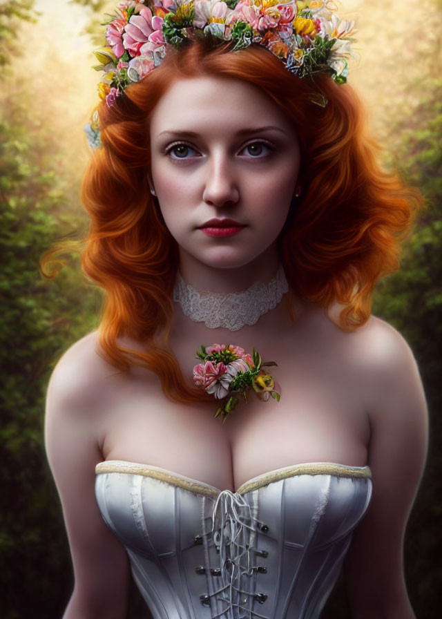 Red-haired woman in floral crown and corset dress against nature backdrop