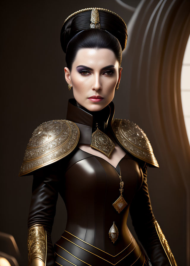 Futuristic warrior woman in black and gold costume with ornate armor