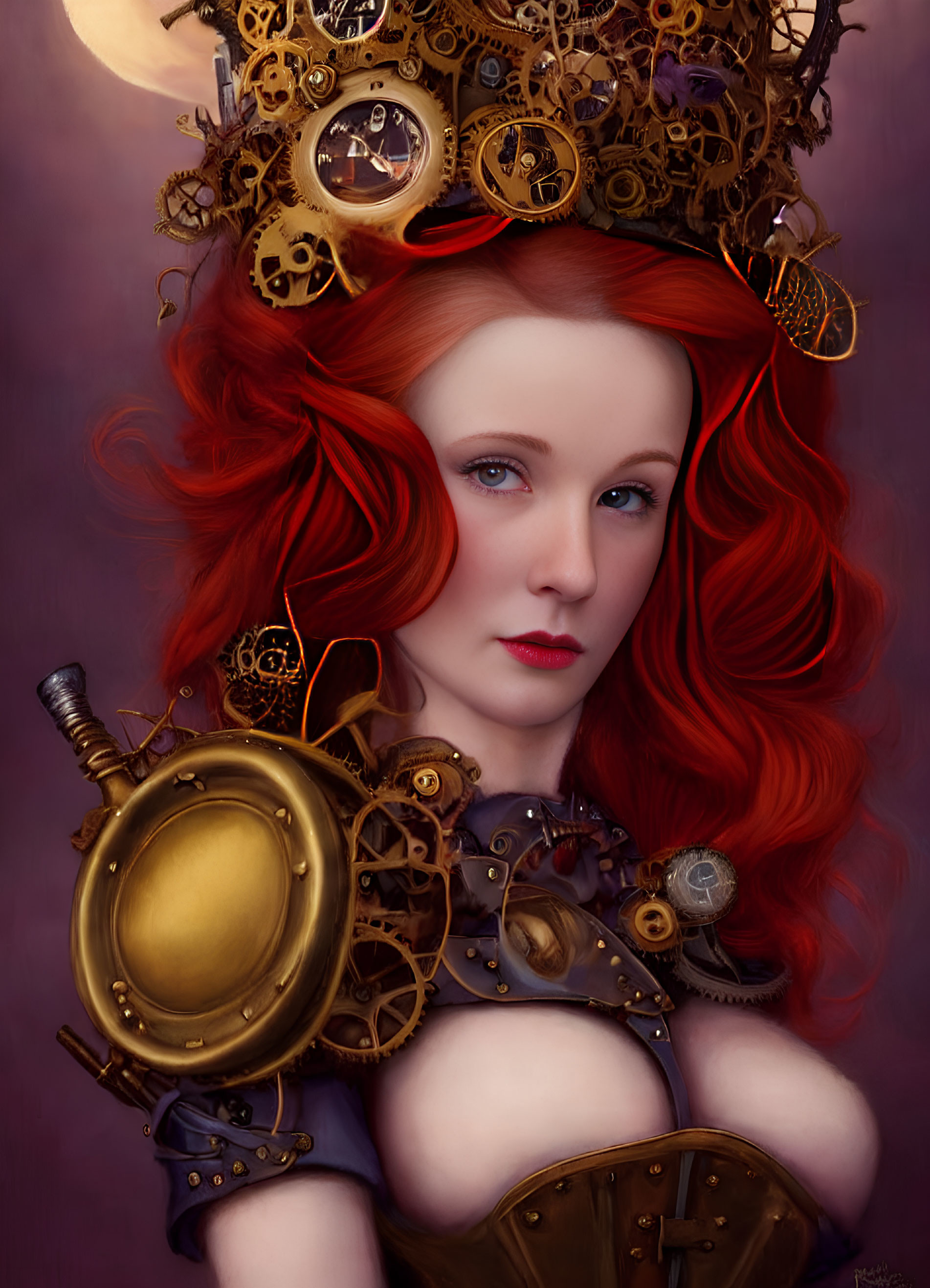 Vibrant red-haired woman in steampunk headdress on maroon backdrop