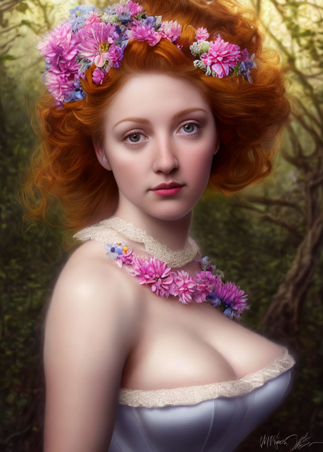Portrait of woman with curly red hair in floral crown and dress against natural backdrop