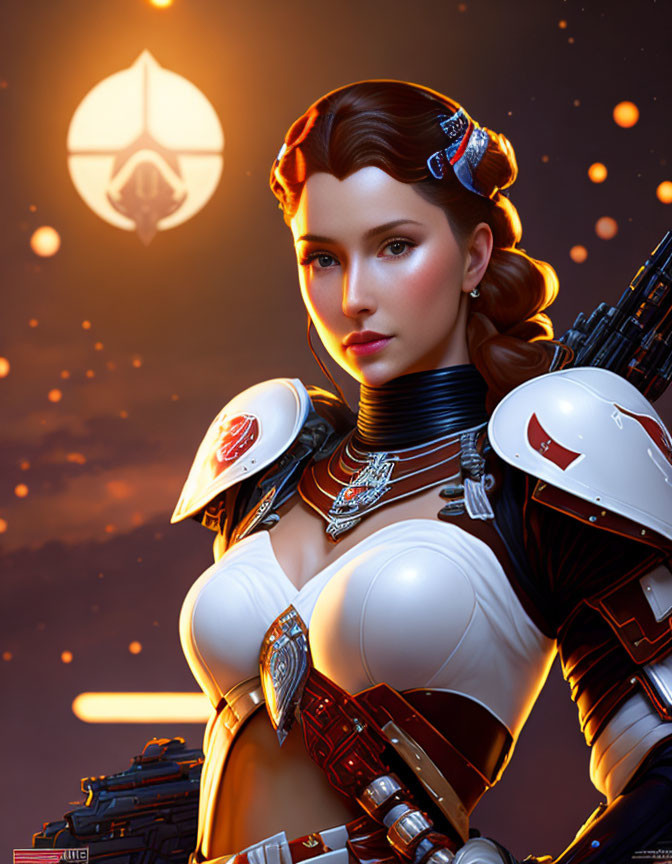 Female warrior in futuristic armor with white and red colors and star emblems against ember backdrop