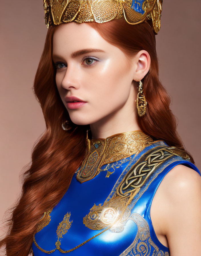 Red-haired woman in golden crown and medieval attire with serious expression
