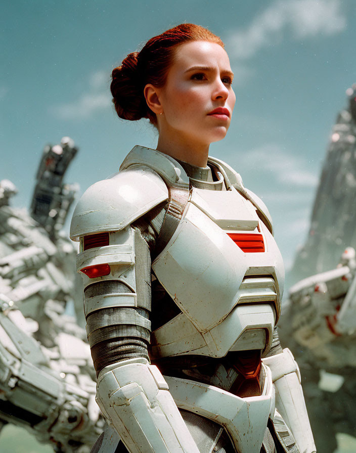 Futuristic white armor woman faces massive robots under blue sky