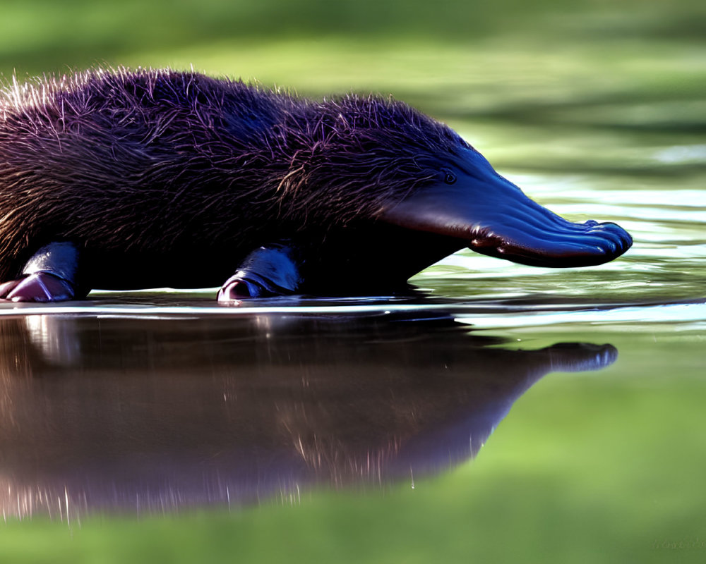 Close-up of dark-spined echidna wading in water with reflection.