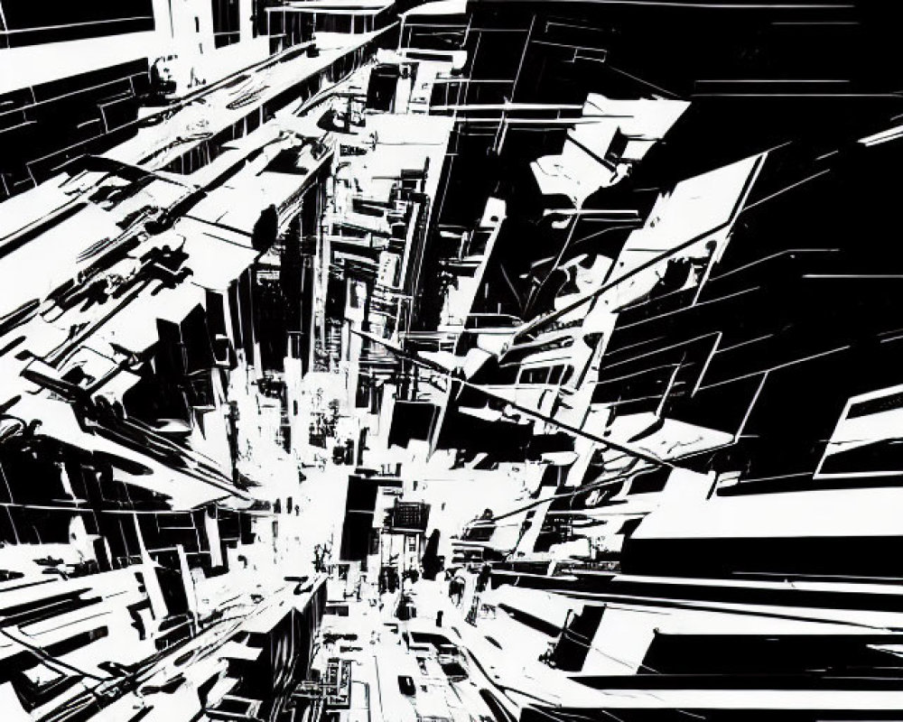 Abstract black and white cityscape with sharp lines and contrasting shapes.