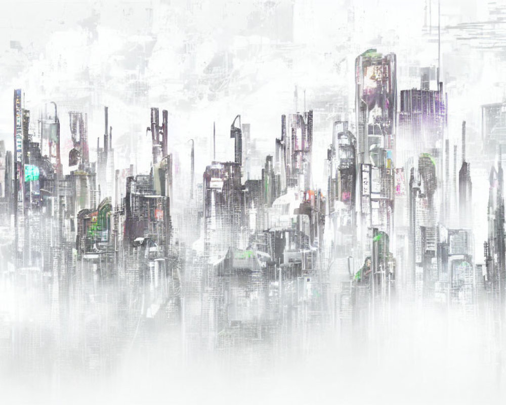 Monochromatic Futuristic Cityscape with Green Accents