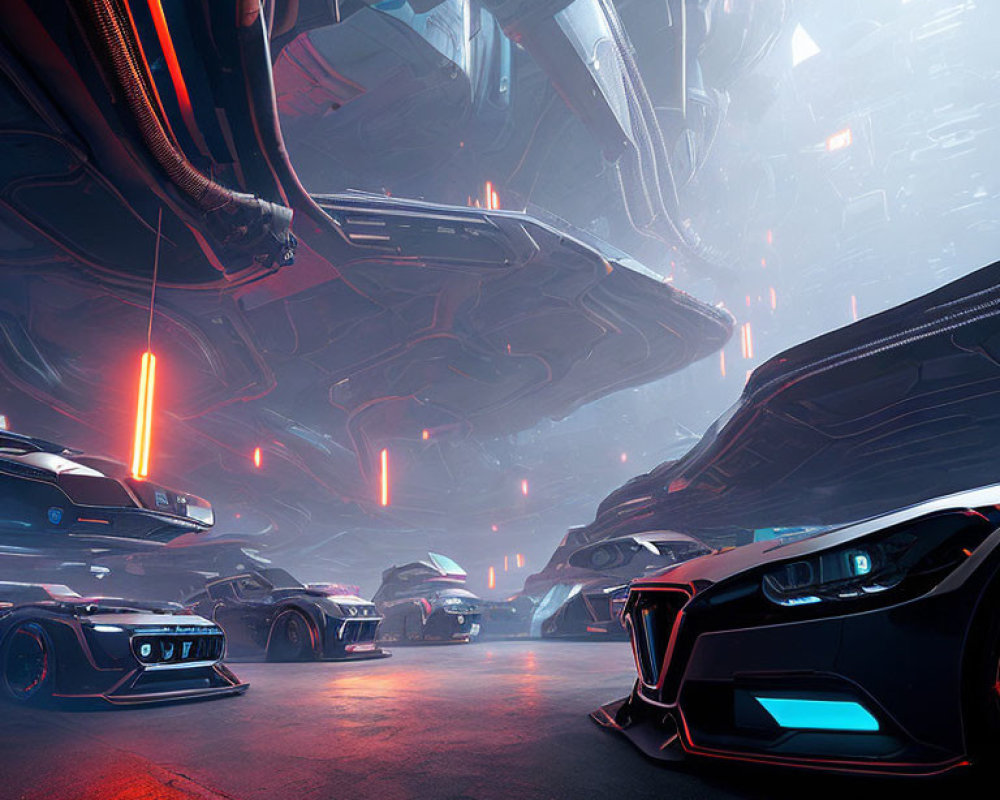 Futuristic vehicles in neon-lit high-tech garage with towering structures