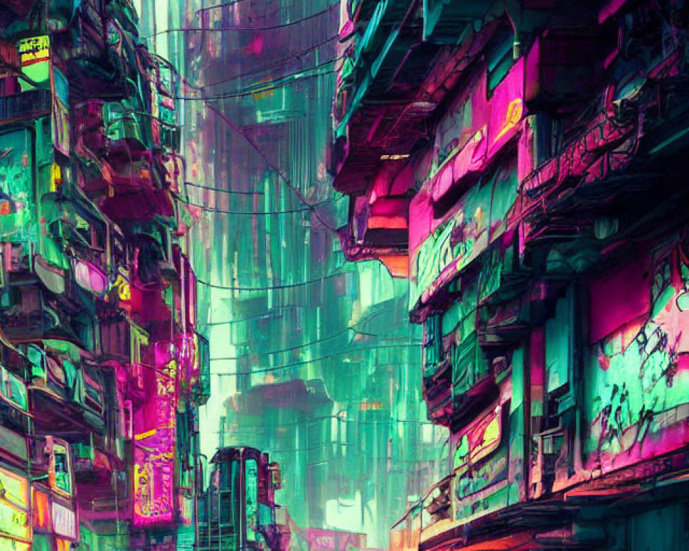 Neon-soaked cyberpunk alley with towering, weathered buildings