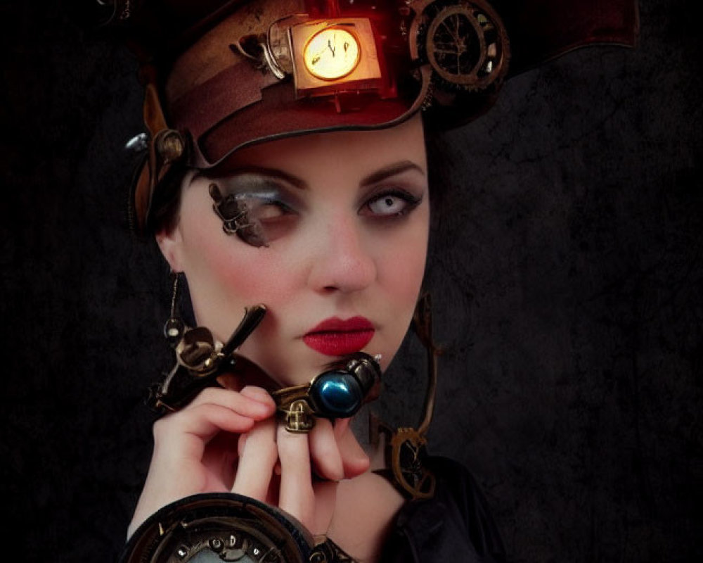 Steampunk-themed woman with gear-adorned hat and pocket watch on dark background
