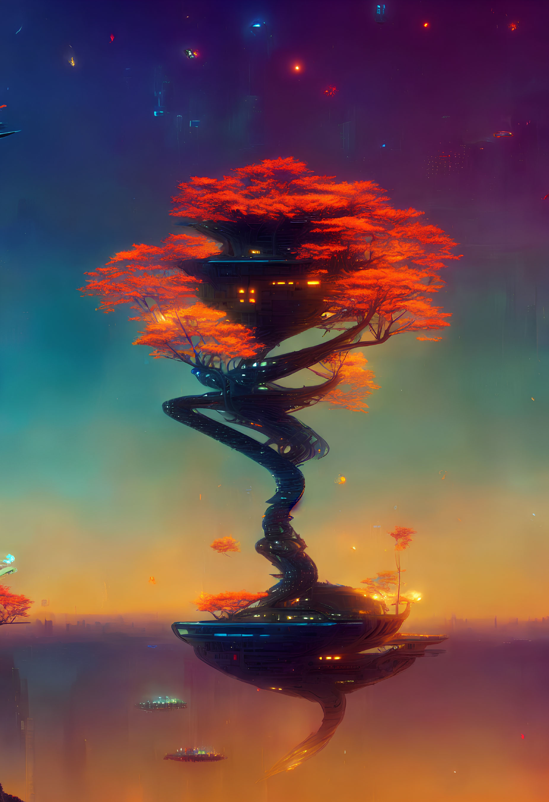 Spiral structure with glowing trees in neon-lit mystical scene