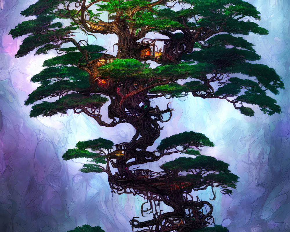 Fantasy artwork: Grand tree with illuminated treehouse amidst colorful background