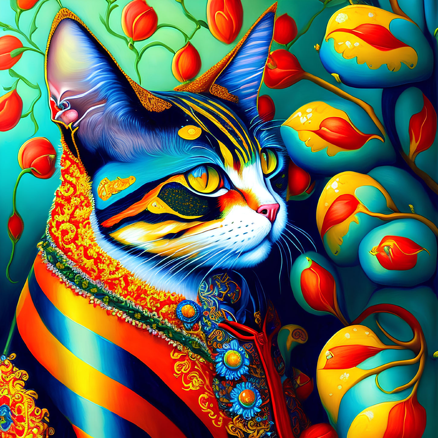 Colorful Cat Artwork with Elaborate Patterns and Tulip Background