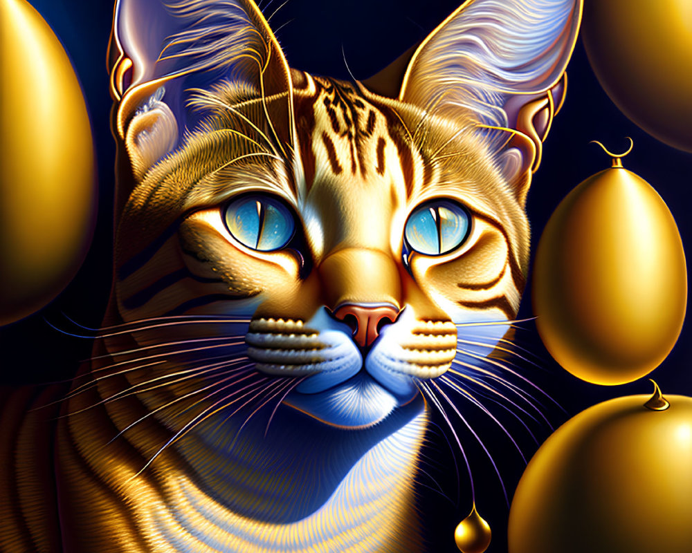 Golden cat with blue eyes surrounded by gold balloons on dark blue background
