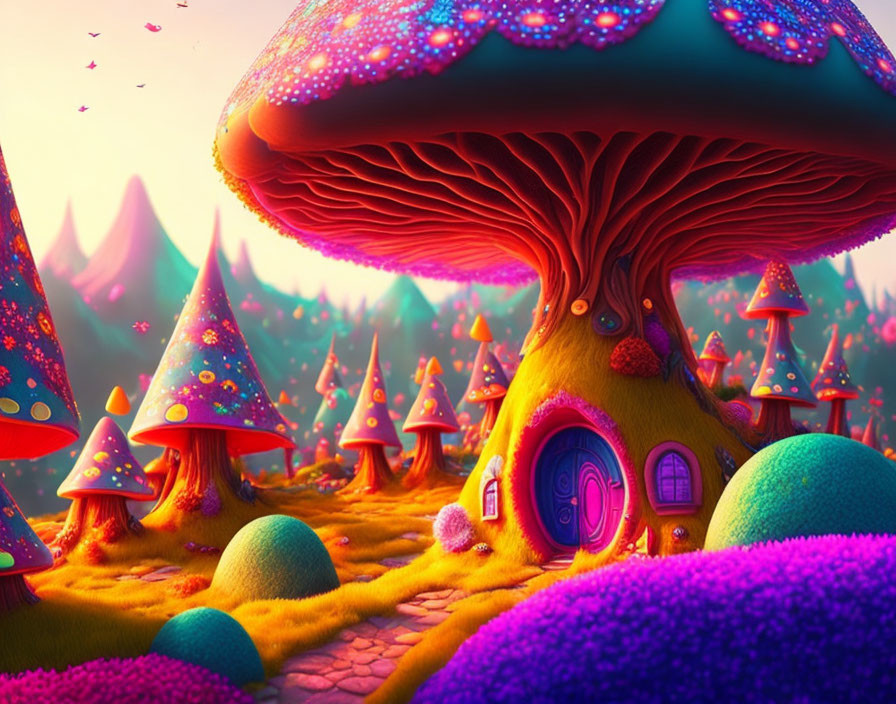 Colorful Fantasy Landscape with Oversized Mushrooms and Flora