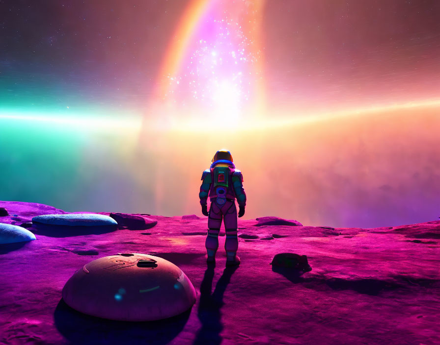 Astronaut on purple alien landscape with colorful aurora