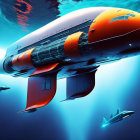 Futuristic submarine with large propulsion engines and fins in deep ocean scene