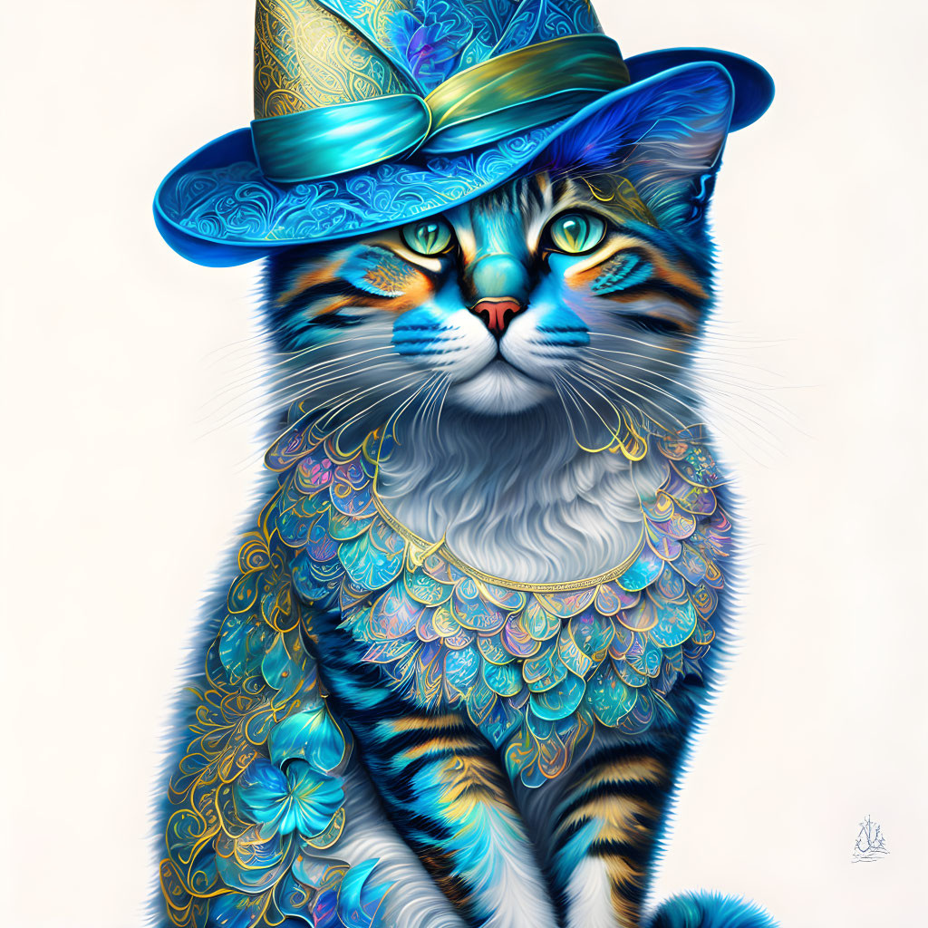 Colorful Cat Illustration in Ornate Blue Hat and Cloak