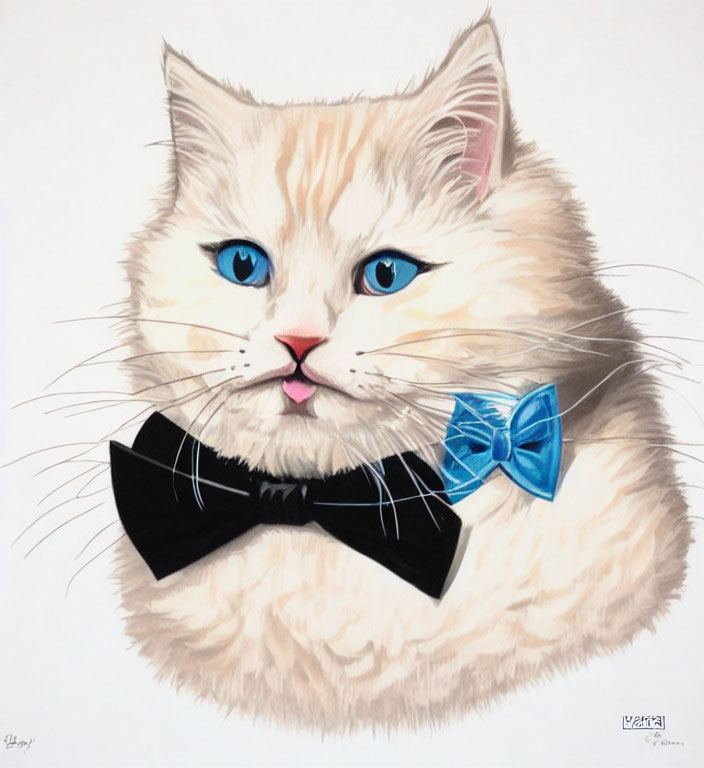 White Cat with Blue Eyes in Black and Light Blue Bow Tie