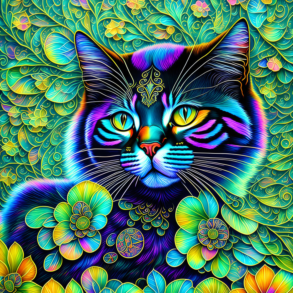 Colorful digital cat art with intricate patterns and psychedelic flowers