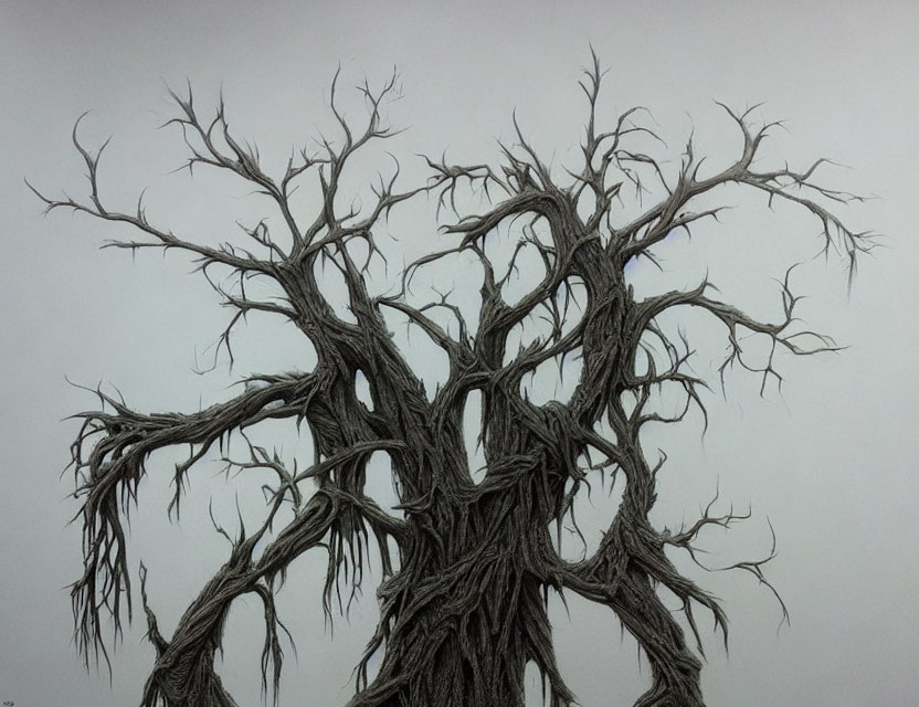 Detailed drawing of intricate leafless tree on blank background