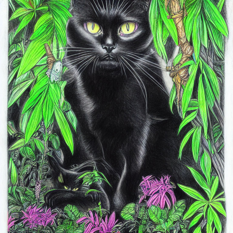 Detailed Drawing of Black Cat with Yellow Eyes Among Green Leaves and Pink Flowers