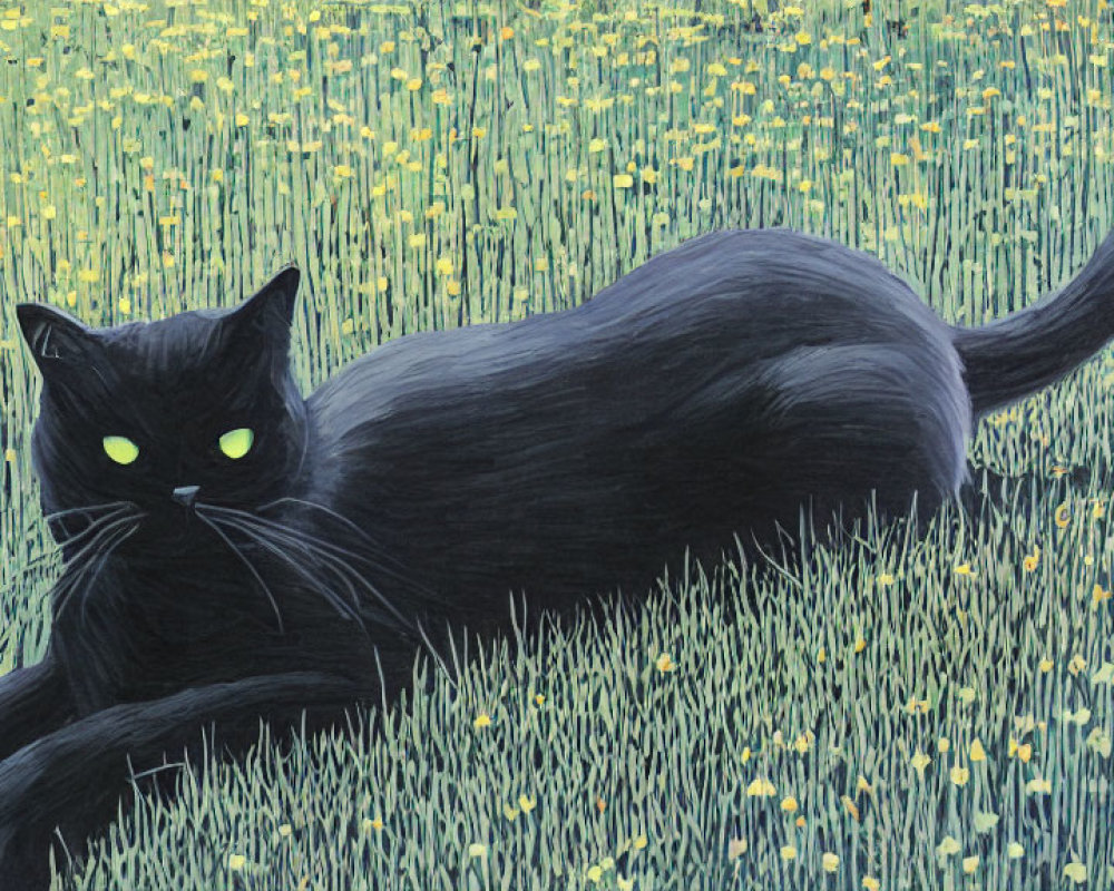 Black Cat with Bright Green Eyes in Field of Green Grass and Yellow Flowers