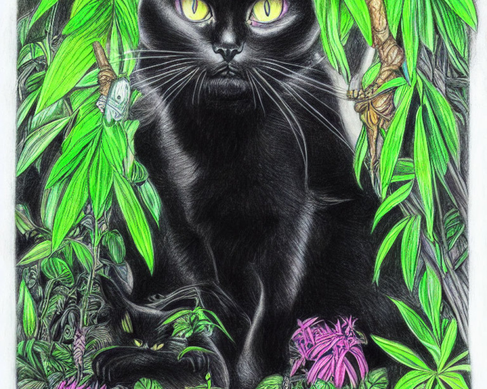 Detailed Drawing of Black Cat with Yellow Eyes Among Green Leaves and Pink Flowers