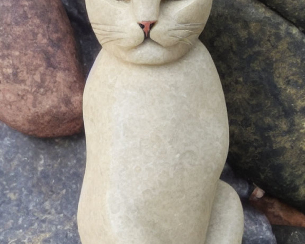 Realistic stone cat sculpture with observational eyes among rocks