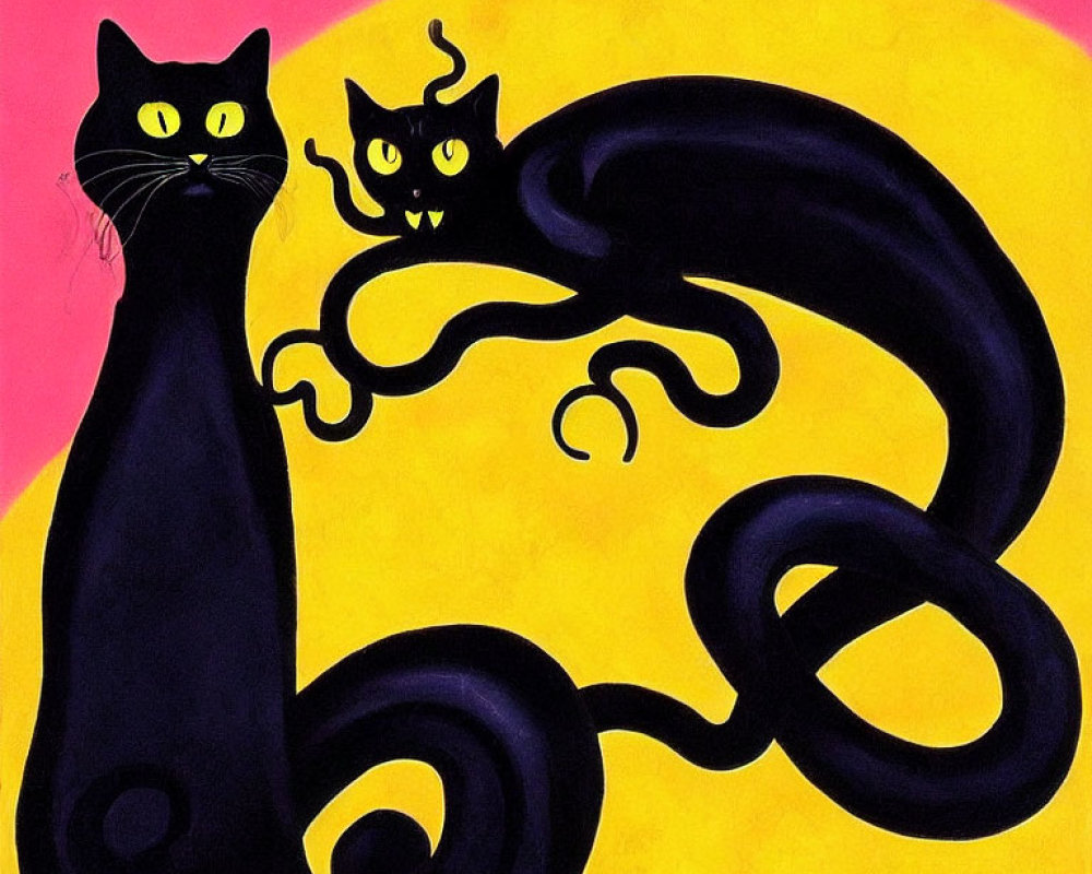 Stylized black cats with yellow eyes on pink and yellow background