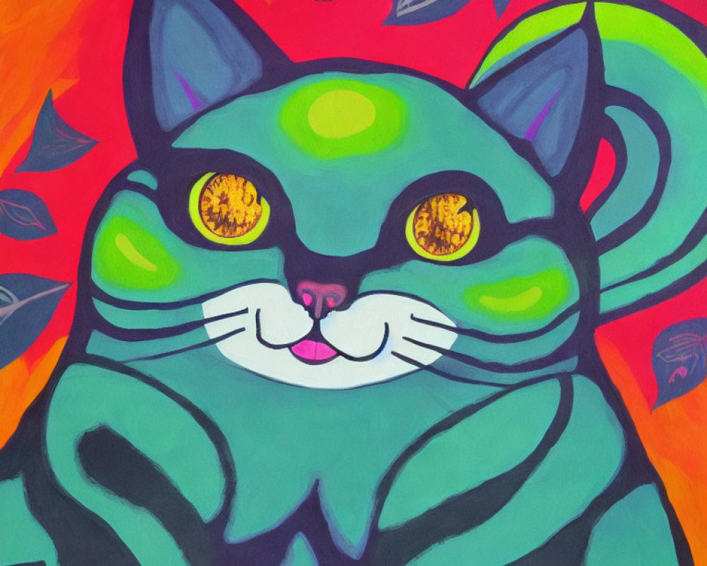 Vibrant cat painting with green fur and yellow eyes on red-orange leaf background